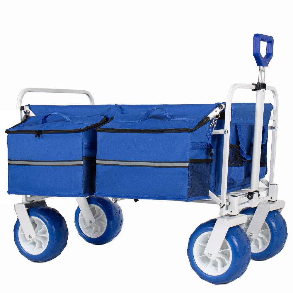 Beach Wagon Cart, 500lbs Heavy Duty Collapsible Folding Wagon, Oversized 150L, 9" PVC All-Terrain Wheels, Adjustable Handle, Cooler & Storage Bags for Beach, Camping, Garden & Outdoor Sports, Blue