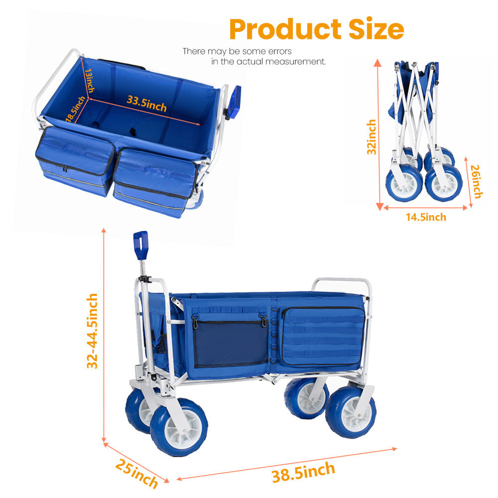 Beach Wagon Cart, 500lbs Heavy Duty Collapsible Folding Wagon, Oversized 150L, 9" PVC All-Terrain Wheels, Adjustable Handle, Cooler & Storage Bags for Beach, Camping, Garden & Outdoor Sports, Blue
