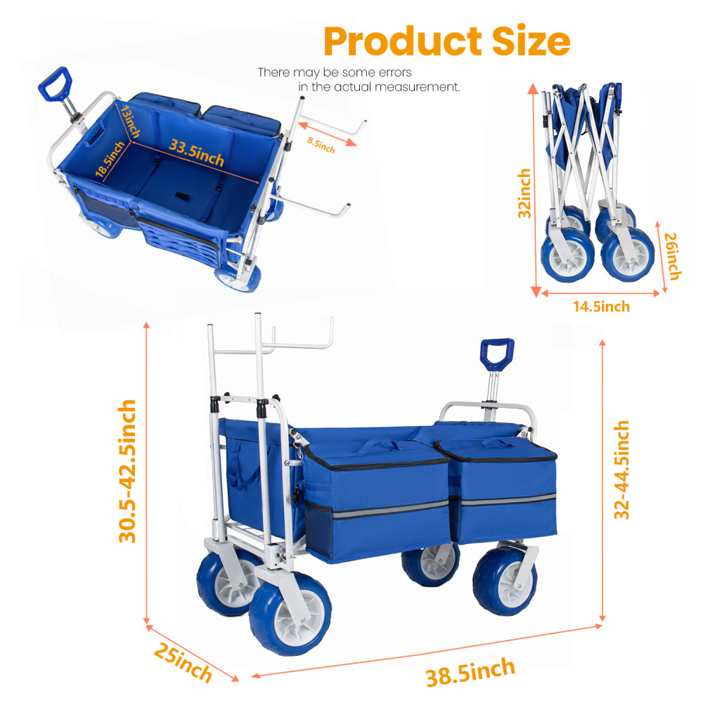Beach Wagon Cart with Chair Racks and 9" All-Terrain Wheels, 500lbs Heavy Duty Collapsible Folding Wagon, Adjustable Handle, Cooler & Storage Bags for Beach, Camping, Garden & Outdoor Sports, Blue