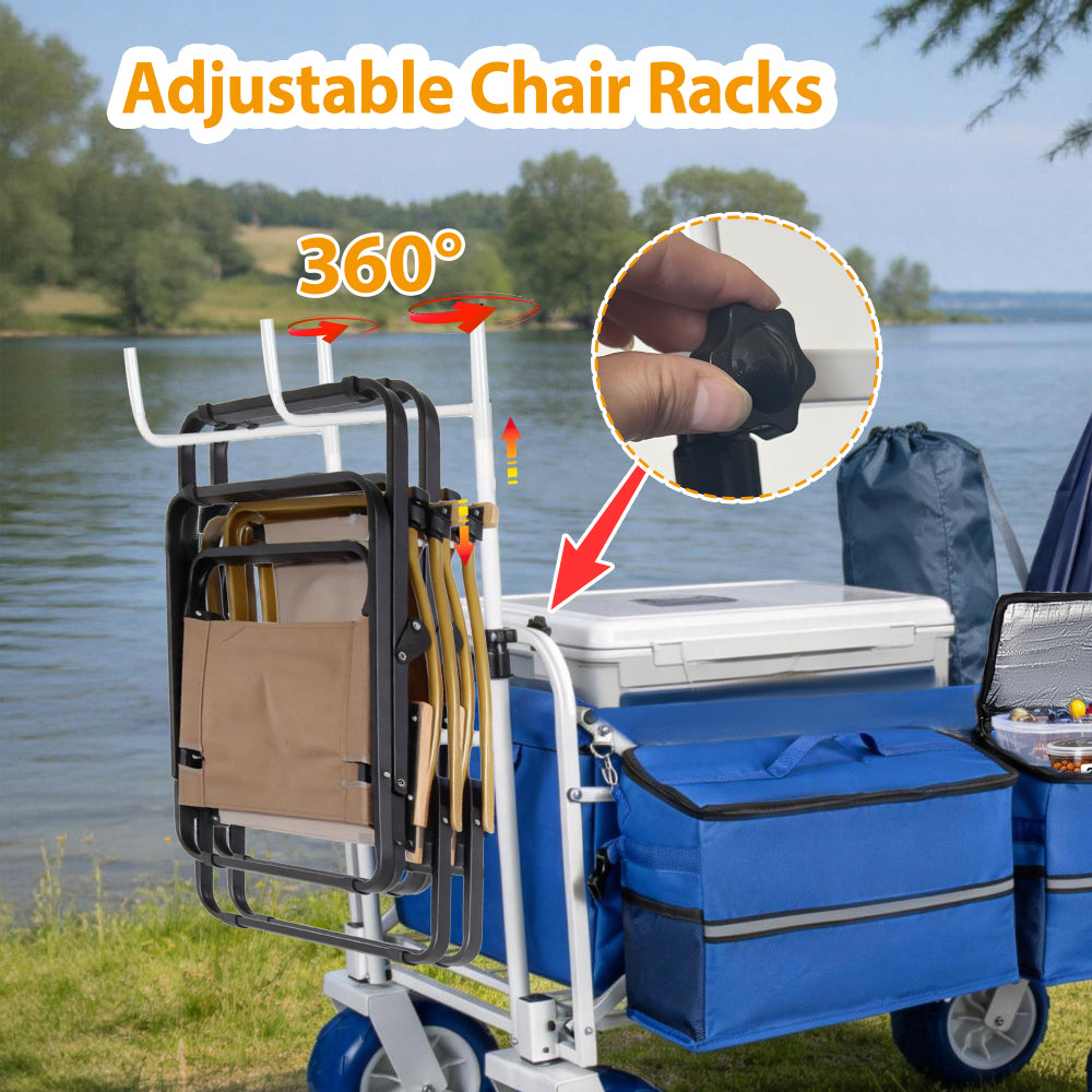Beach Wagon Cart with Chair Racks and 9" All-Terrain Wheels, 500lbs Heavy Duty Collapsible Folding Wagon, Adjustable Handle, Cooler & Storage Bags for Beach, Camping, Garden & Outdoor Sports, Blue