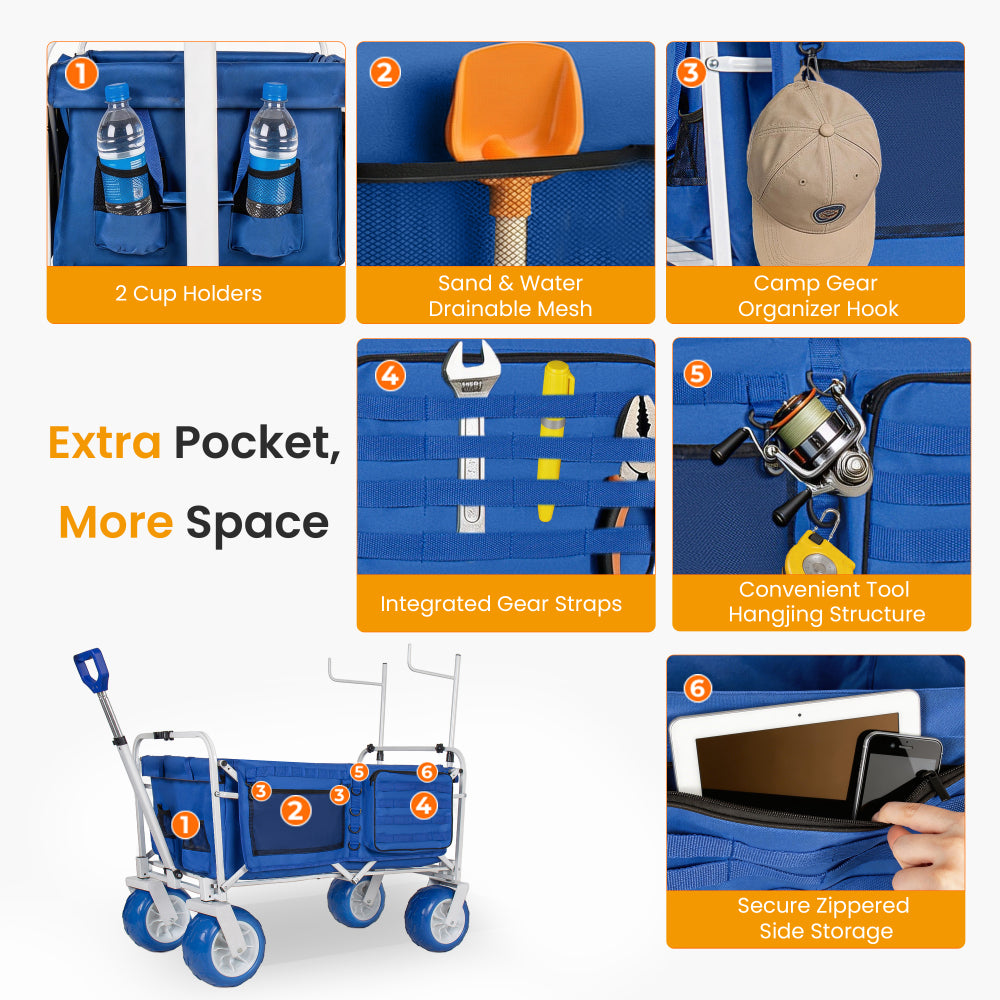 Beach Wagon Cart with Chair Racks and 9" All-Terrain Wheels, 500lbs Heavy Duty Collapsible Folding Wagon, Adjustable Handle, Cooler & Storage Bags for Beach, Camping, Garden & Outdoor Sports, Blue