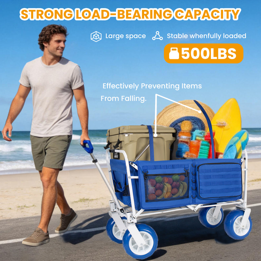 Beach Wagon Cart with Chair Racks and 9" All-Terrain Wheels, 500lbs Heavy Duty Collapsible Folding Wagon, Adjustable Handle, Cooler & Storage Bags for Beach, Camping, Garden & Outdoor Sports, Blue