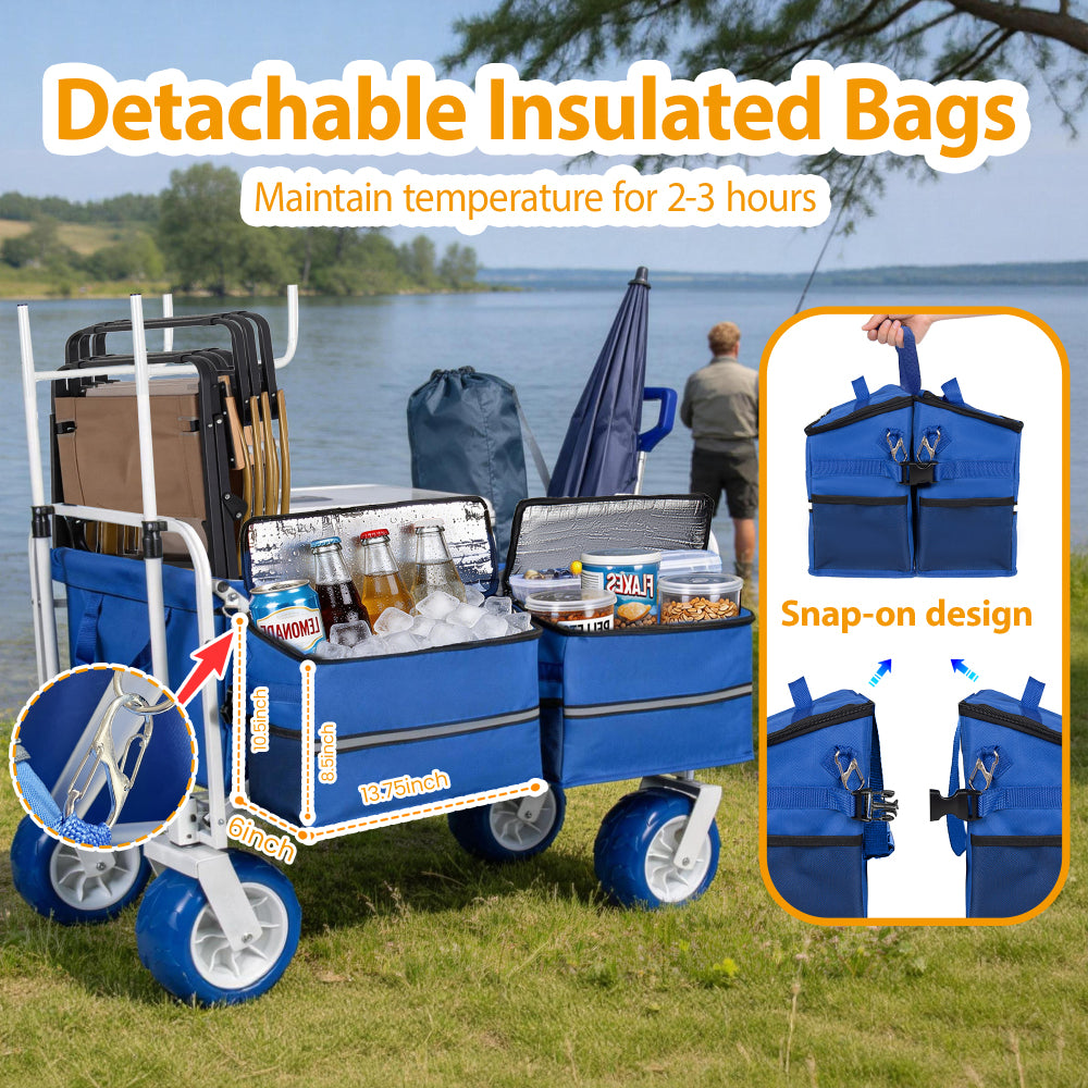 Beach Wagon Cart with Chair Racks and 9" All-Terrain Wheels, 500lbs Heavy Duty Collapsible Folding Wagon, Adjustable Handle, Cooler & Storage Bags for Beach, Camping, Garden & Outdoor Sports, Blue