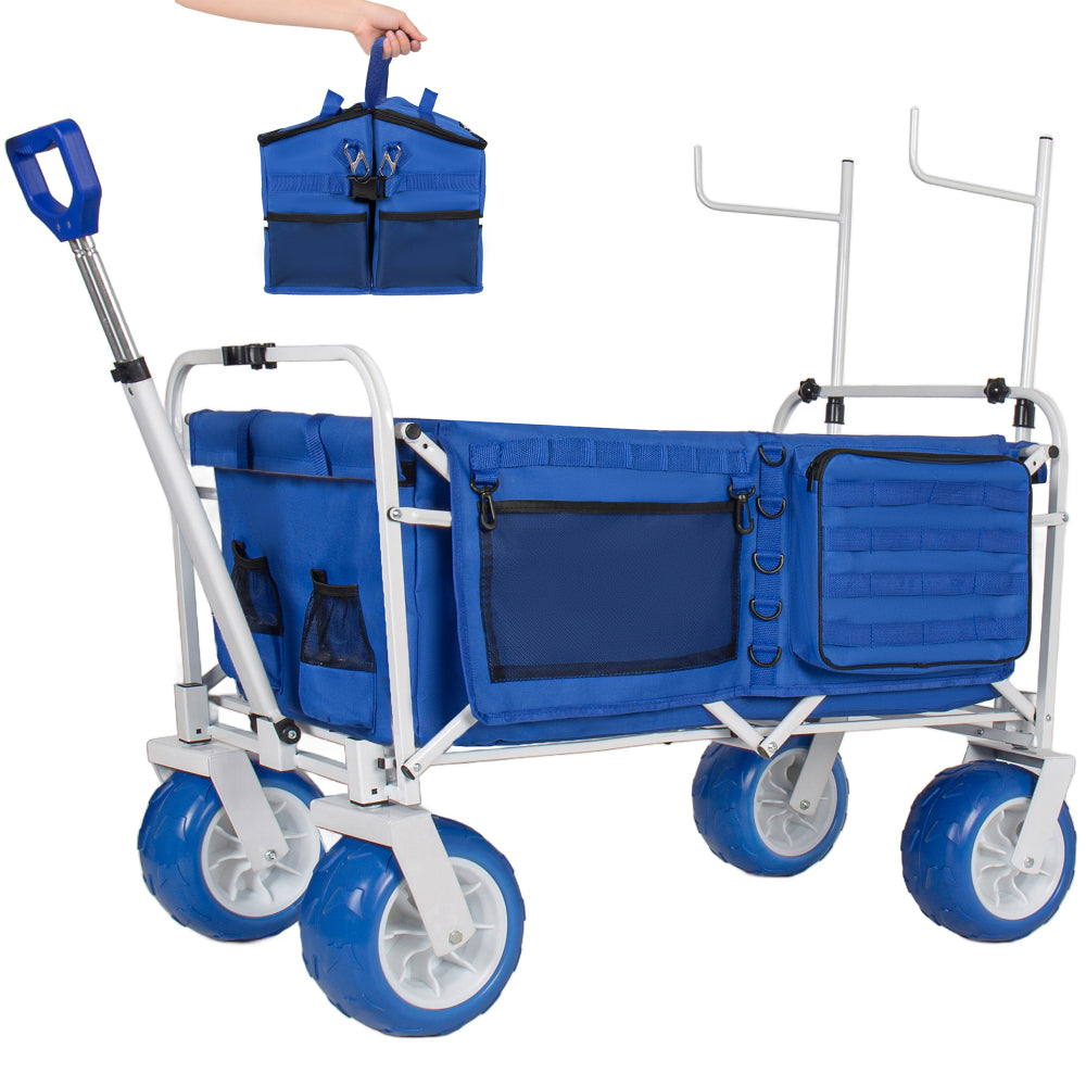 Beach Wagon Cart with Chair Racks and 9" All-Terrain Wheels, 500lbs Heavy Duty Collapsible Folding Wagon, Adjustable Handle, Cooler & Storage Bags for Beach, Camping, Garden & Outdoor Sports, Blue