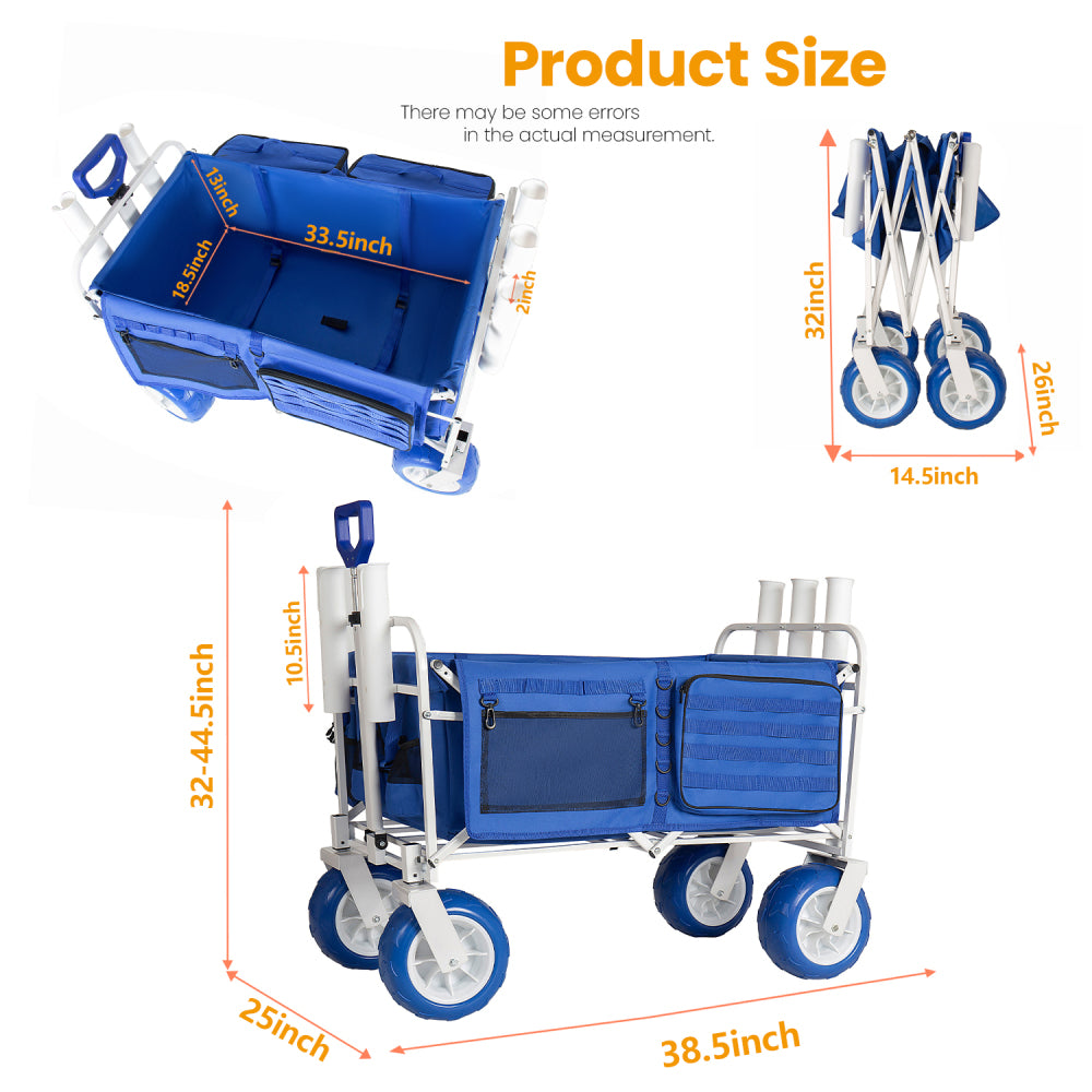 Beach Wagon Cart with Rod Holders and 9" All-Terrain Wheels, 500lbs Heavy Duty Collapsible Folding Wagon, Adjustable Handle, Cooler & Storage Bags for Beach, Camping, Garden & Outdoor Sports, Blue