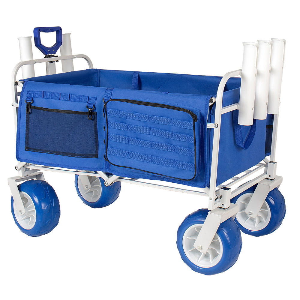 Beach Wagon Cart with Rod Holders and 9" All-Terrain Wheels, 500lbs Heavy Duty Collapsible Folding Wagon, Adjustable Handle, Cooler & Storage Bags for Beach, Camping, Garden & Outdoor Sports, Blue