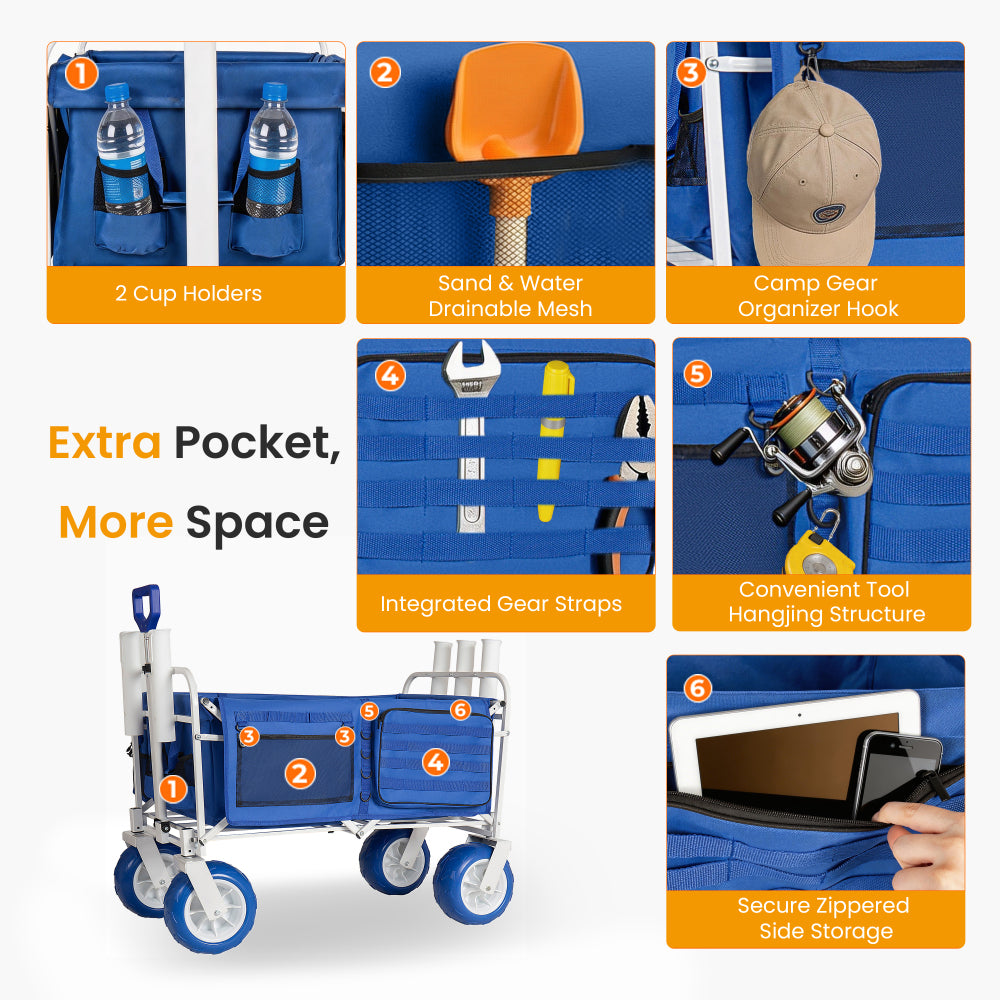 Beach Wagon Cart with Rod Holders and 9" All-Terrain Wheels, 500lbs Heavy Duty Collapsible Folding Wagon, Adjustable Handle, Cooler & Storage Bags for Beach, Camping, Garden & Outdoor Sports, Blue