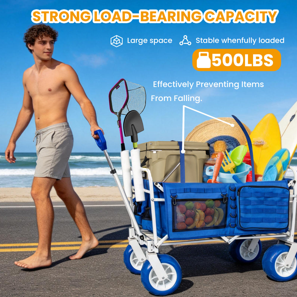 Beach Wagon Cart with Rod Holders and 9" All-Terrain Wheels, 500lbs Heavy Duty Collapsible Folding Wagon, Adjustable Handle, Cooler & Storage Bags for Beach, Camping, Garden & Outdoor Sports, Blue