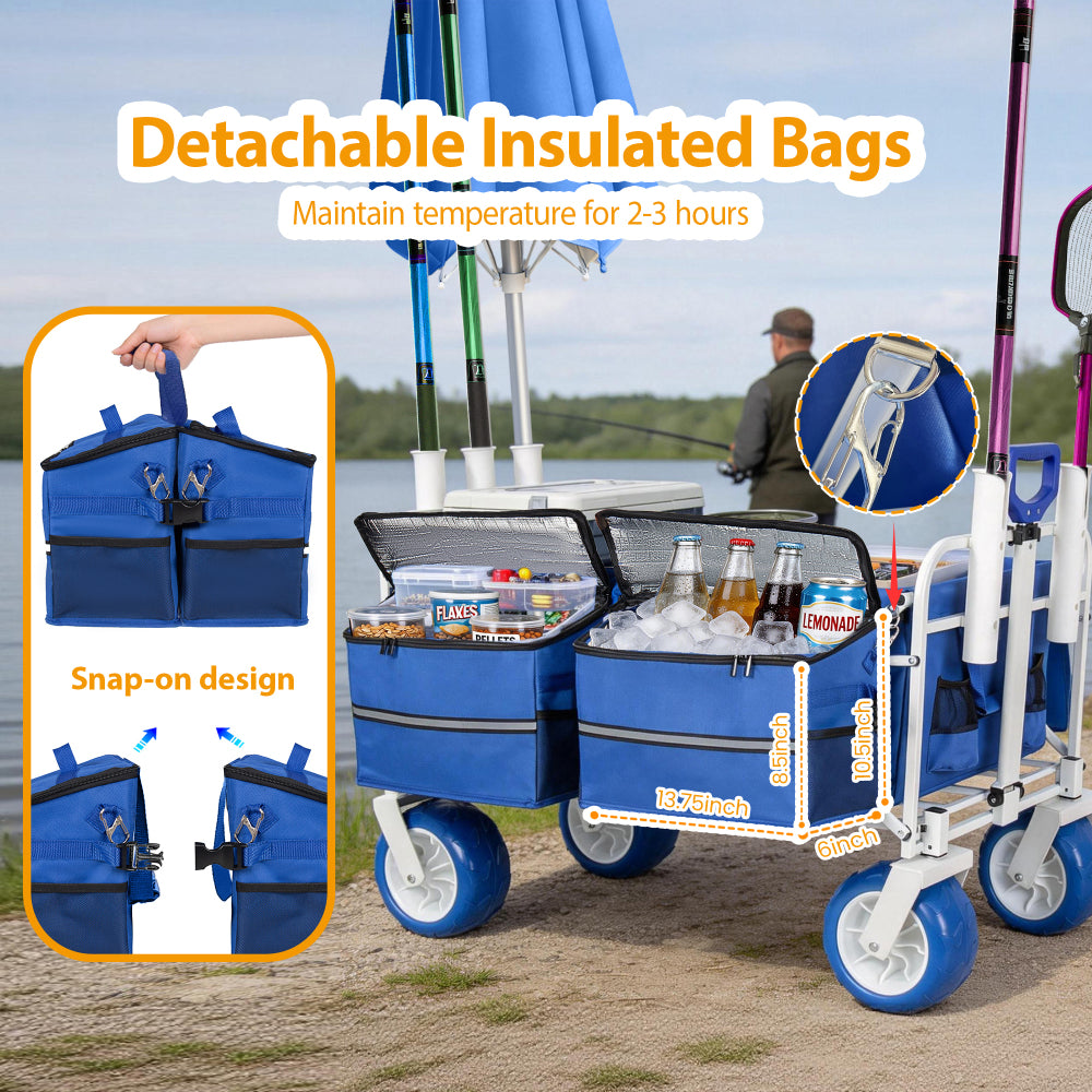Beach Wagon Cart with Rod Holders and 9" All-Terrain Wheels, 500lbs Heavy Duty Collapsible Folding Wagon, Adjustable Handle, Cooler & Storage Bags for Beach, Camping, Garden & Outdoor Sports, Blue