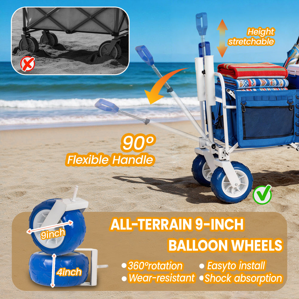 Beach Wagon Cart with Rod Holders and 9" All-Terrain Wheels, 500lbs Heavy Duty Collapsible Folding Wagon, Adjustable Handle, Cooler & Storage Bags for Beach, Camping, Garden & Outdoor Sports, Blue