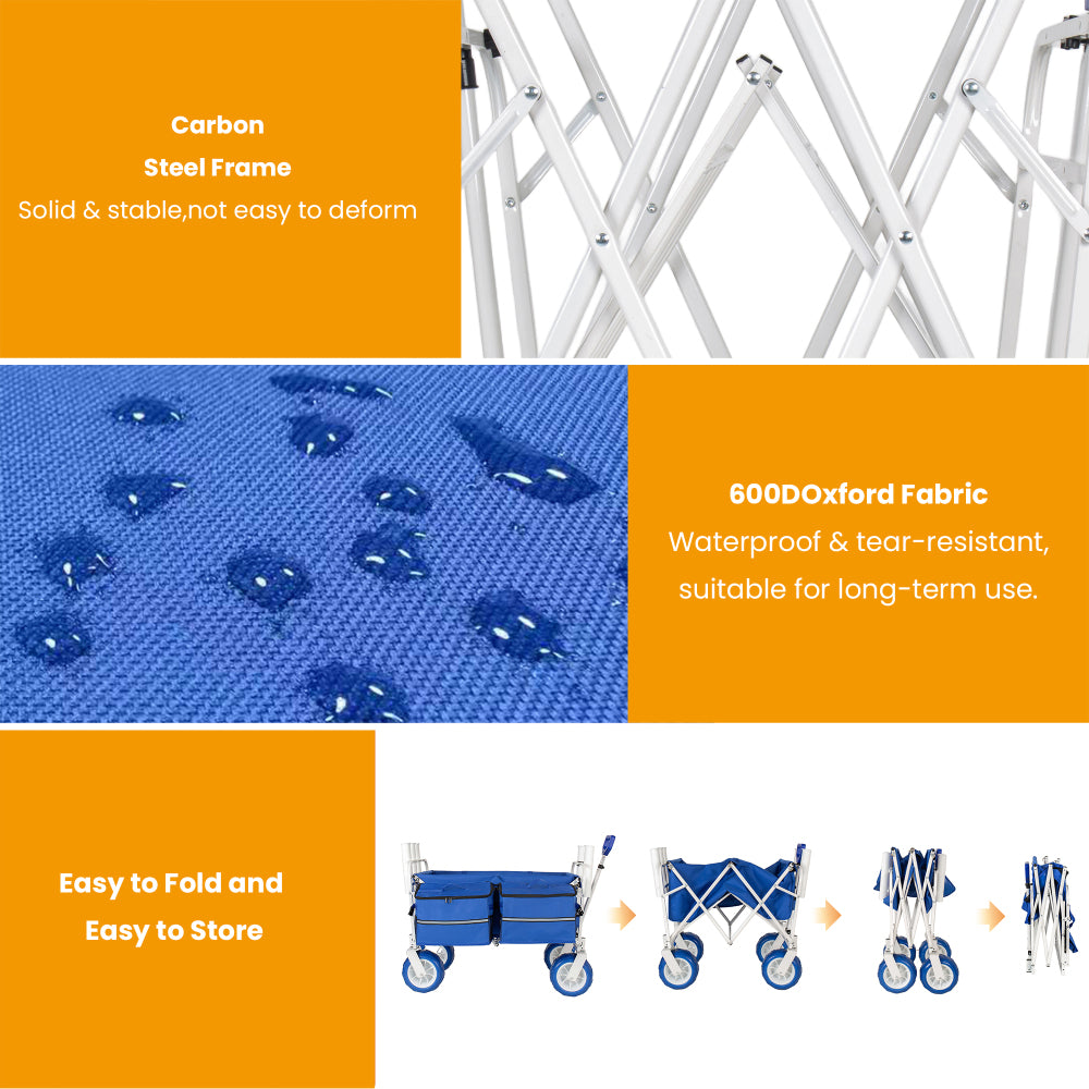 Beach Wagon Cart with Rod Holders and 9" All-Terrain Wheels, 500lbs Heavy Duty Collapsible Folding Wagon, Adjustable Handle, Cooler & Storage Bags for Beach, Camping, Garden & Outdoor Sports, Blue