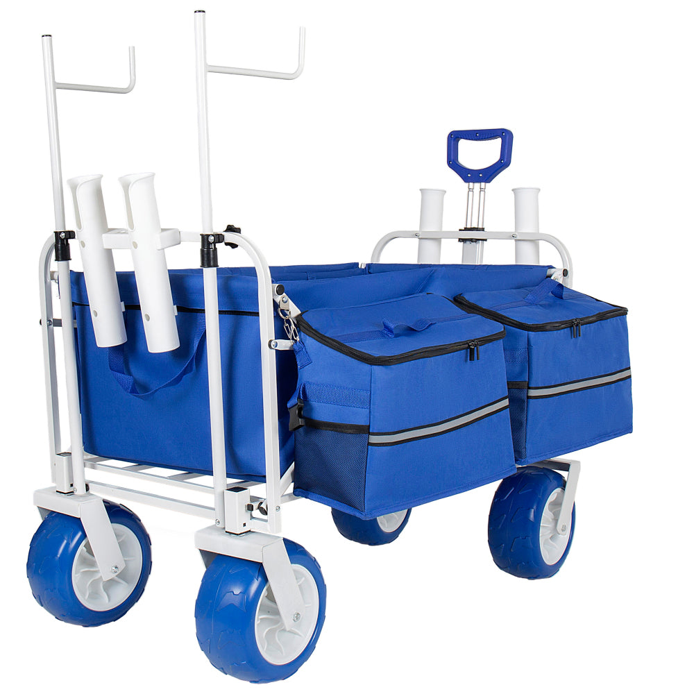Beach Wagon Cart with Chair Racks & Fishing Rod Holders, 9" All-Terrain Wheels, 500lbs Heavy Duty Collapsible, Removable Cooler & Storage Bags for Beach, Camping, Fishing, Garden, Outdoor Sports, Blue