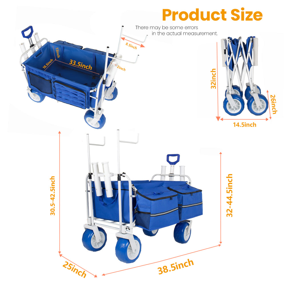 Beach Wagon Cart with Chair Racks & Fishing Rod Holders, 9" All-Terrain Wheels, 500lbs Heavy Duty Collapsible, Removable Cooler & Storage Bags for Beach, Camping, Fishing, Garden, Outdoor Sports, Blue