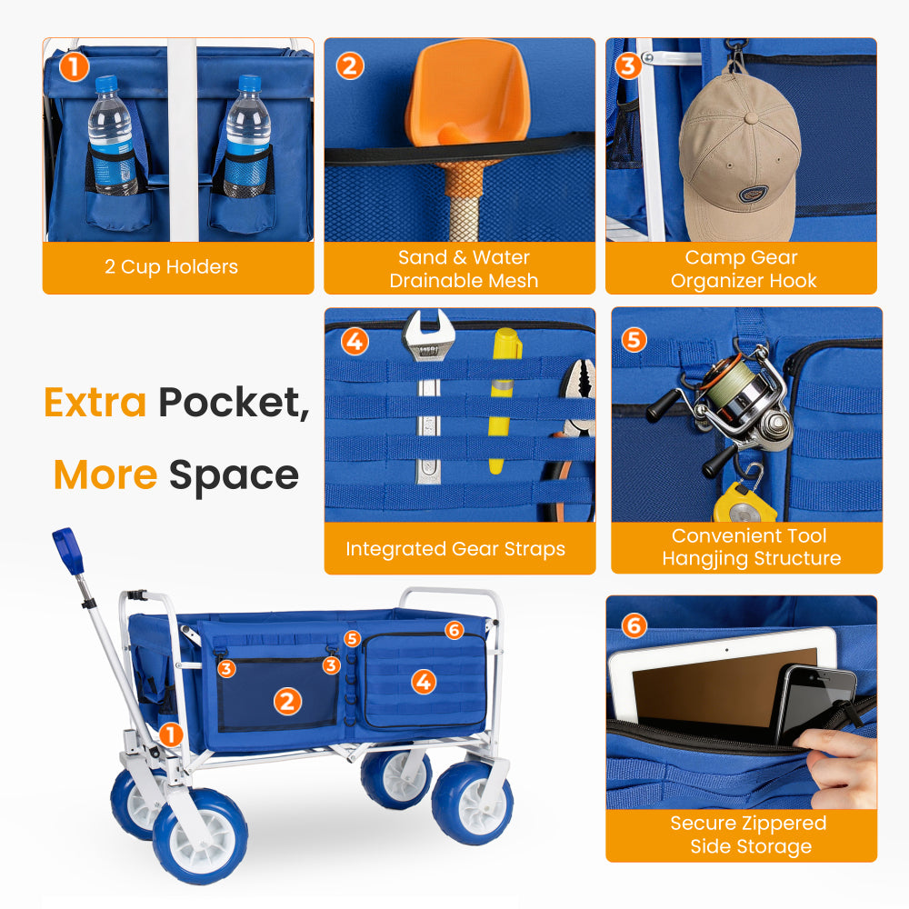 Beach Wagon Cart, 500lbs Heavy Duty Collapsible Folding Wagon, Oversized 150L, 9" PVC All-Terrain Wheels, Adjustable Handle, Cooler & Storage Bags for Beach, Camping, Garden & Outdoor Sports, Blue