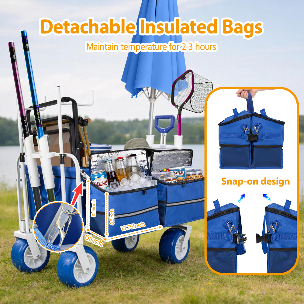 Beach Wagon Cart with Chair Racks & Fishing Rod Holders, 9" All-Terrain Wheels, 500lbs Heavy Duty Collapsible, Removable Cooler & Storage Bags for Beach, Camping, Fishing, Garden, Outdoor Sports, Blue