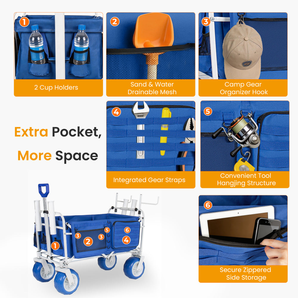 Beach Wagon Cart with Chair Racks & Fishing Rod Holders, 9" All-Terrain Wheels, 500lbs Heavy Duty Collapsible, Removable Cooler & Storage Bags for Beach, Camping, Fishing, Garden, Outdoor Sports, Blue