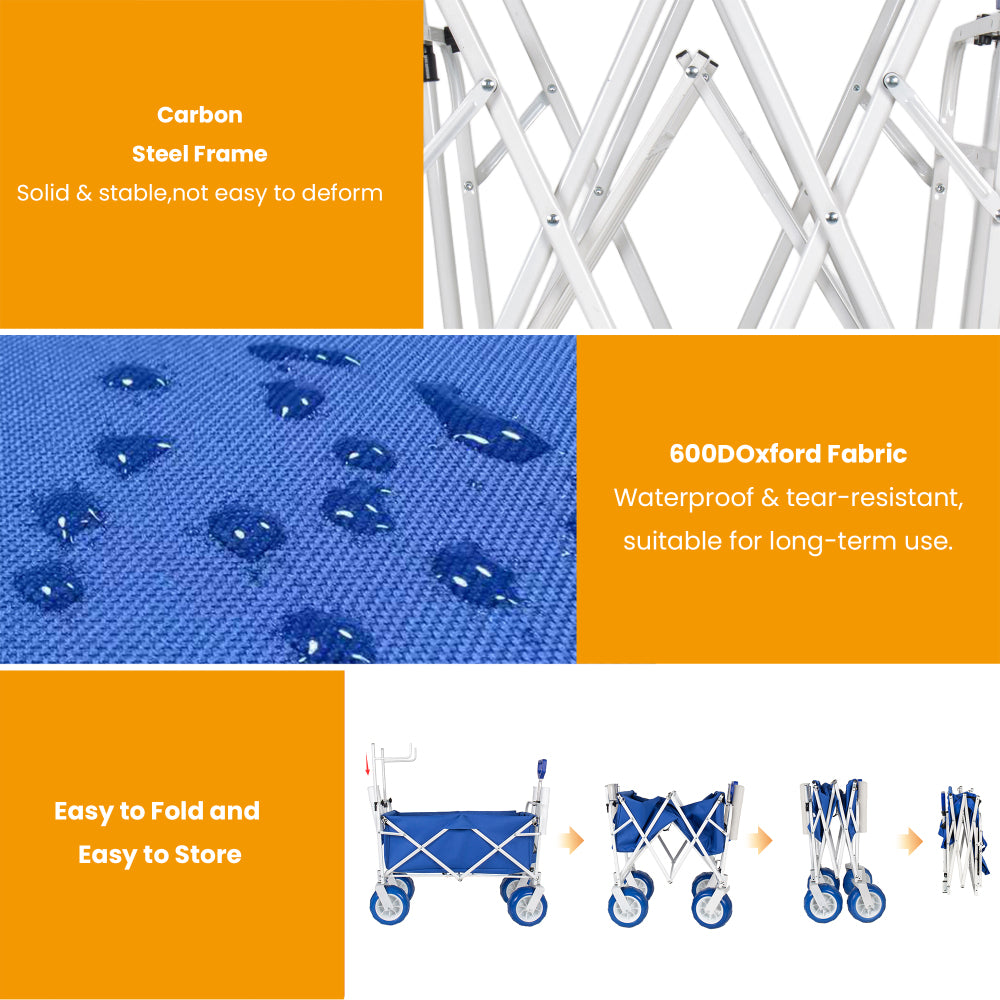 Beach Wagon Cart with Chair Racks & Fishing Rod Holders, 9" All-Terrain Wheels, 500lbs Heavy Duty Collapsible, Removable Cooler & Storage Bags for Beach, Camping, Fishing, Garden, Outdoor Sports, Blue