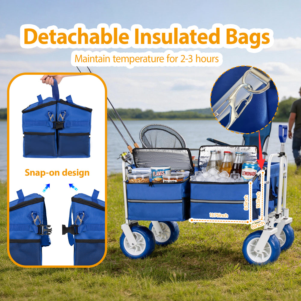 Beach Wagon Cart, 500lbs Heavy Duty Collapsible Folding Wagon, Oversized 150L, 9" PVC All-Terrain Wheels, Adjustable Handle, Cooler & Storage Bags for Beach, Camping, Garden & Outdoor Sports, Blue