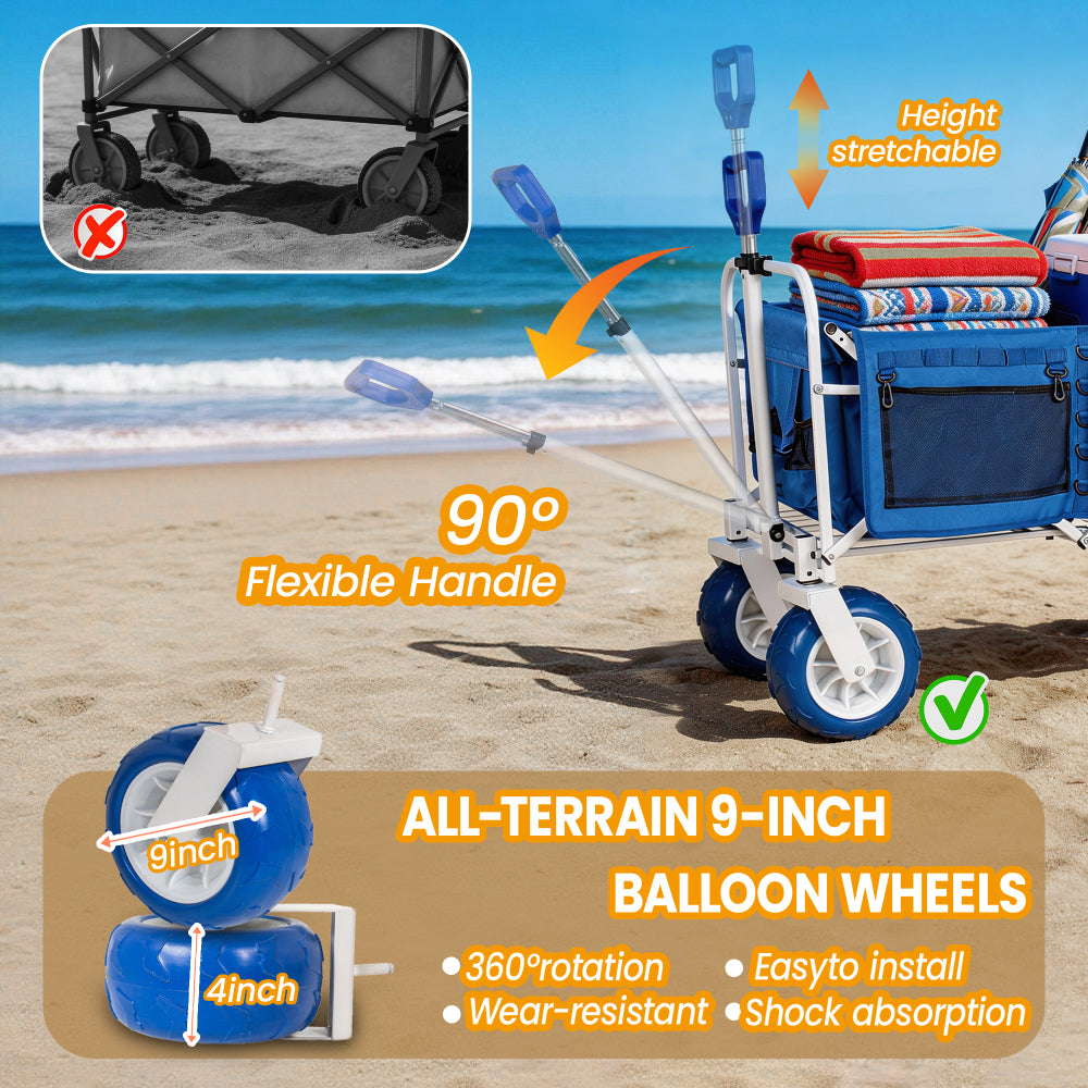 Beach Wagon Cart, 500lbs Heavy Duty Collapsible Folding Wagon, Oversized 150L, 9" PVC All-Terrain Wheels, Adjustable Handle, Cooler & Storage Bags for Beach, Camping, Garden & Outdoor Sports, Blue