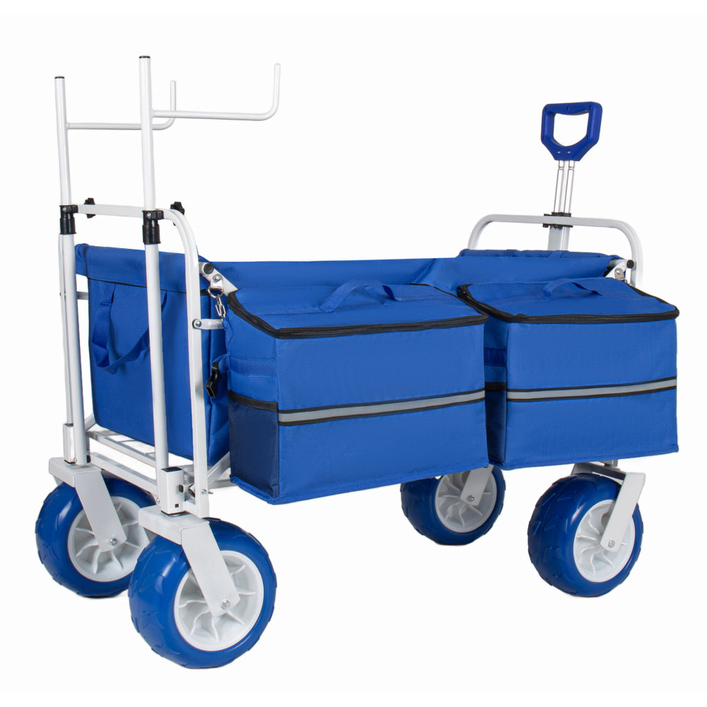 Beach Wagon Cart with Chair Racks and 9" All-Terrain Wheels, 500lbs Heavy Duty Collapsible Folding Wagon, Adjustable Handle, Cooler & Storage Bags for Beach, Camping, Garden & Outdoor Sports, Blue