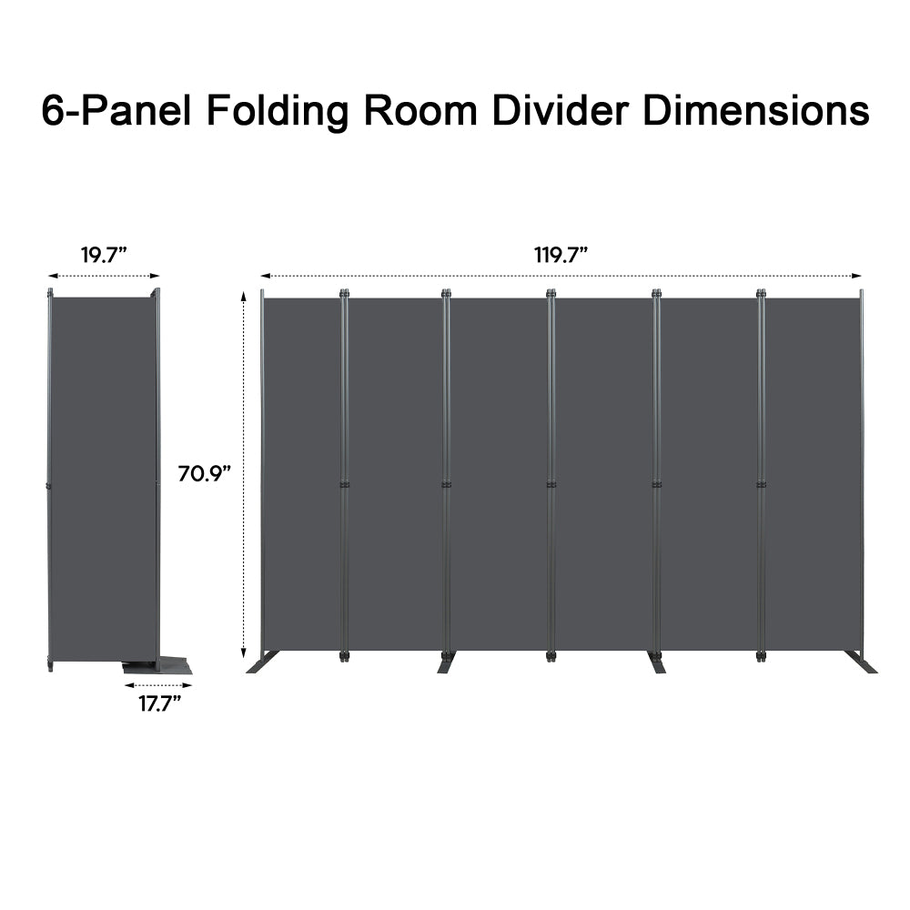 Room Divider 6-Panel – 120" W × 71" H Folding Privacy Screen, Heavy-Duty Metal Frame & Polyester Fabric, Portable Freestanding Partition for Bedroom, Office, Living Room – Black Gray