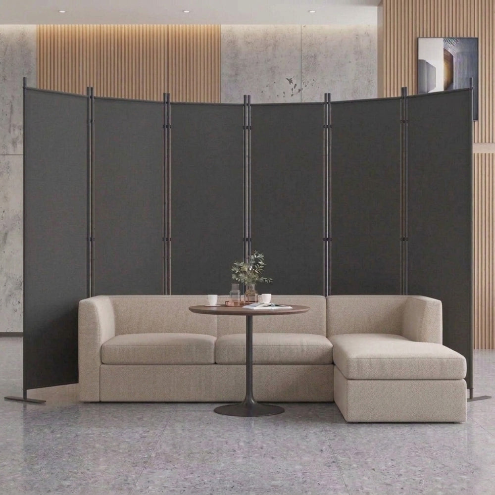 Room Divider 6-Panel – 120" W × 71" H Folding Privacy Screen, Heavy-Duty Metal Frame & Polyester Fabric, Portable Freestanding Partition for Bedroom, Office, Living Room – Black Gray
