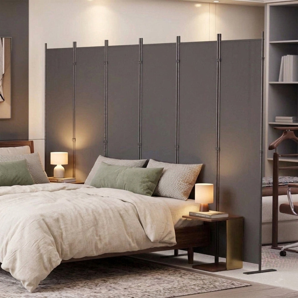 Room Divider 6-Panel – 120" W × 71" H Folding Privacy Screen, Heavy-Duty Metal Frame & Polyester Fabric, Portable Freestanding Partition for Bedroom, Office, Living Room – Black Gray