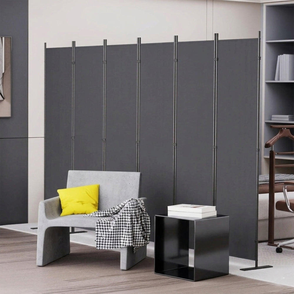 Room Divider 6-Panel – 120" W × 71" H Folding Privacy Screen, Heavy-Duty Metal Frame & Polyester Fabric, Portable Freestanding Partition for Bedroom, Office, Living Room – Black Gray