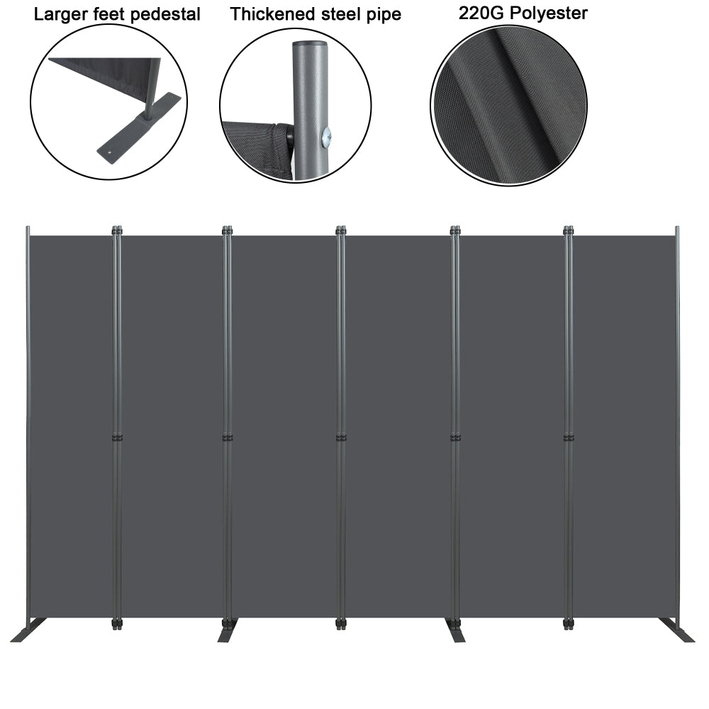 Room Divider 6-Panel – 120" W × 71" H Folding Privacy Screen, Heavy-Duty Metal Frame & Polyester Fabric, Portable Freestanding Partition for Bedroom, Office, Living Room – Black Gray