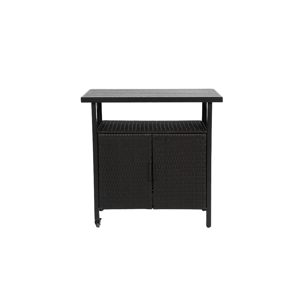Outdoor Wicker Bar Cart, Patio Rolling Wine Serving Cart with Wheels - Black Steel Rattan Beverage Stand, Glass Top Mobile Kitchen Island for Garden, Pool, Party