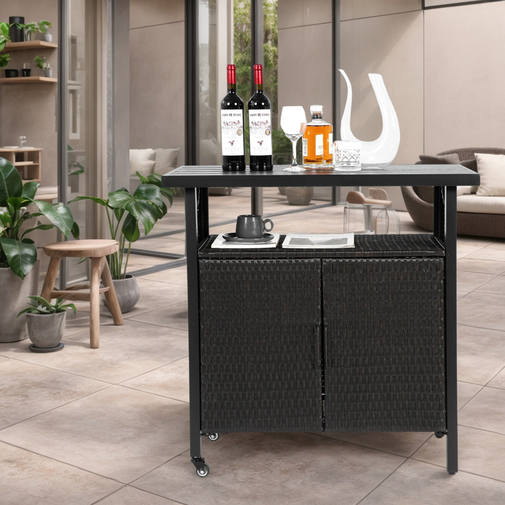 Outdoor Wicker Bar Cart, Patio Rolling Wine Serving Cart with Wheels - Black Steel Rattan Beverage Stand, Glass Top Mobile Kitchen Island for Garden, Pool, Party