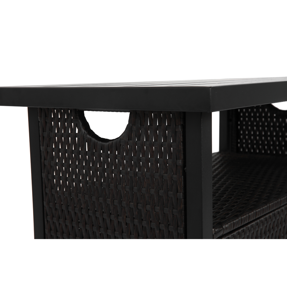 Outdoor Wicker Bar Cart, Patio Rolling Wine Serving Cart with Wheels - Black Steel Rattan Beverage Stand, Glass Top Mobile Kitchen Island for Garden, Pool, Party