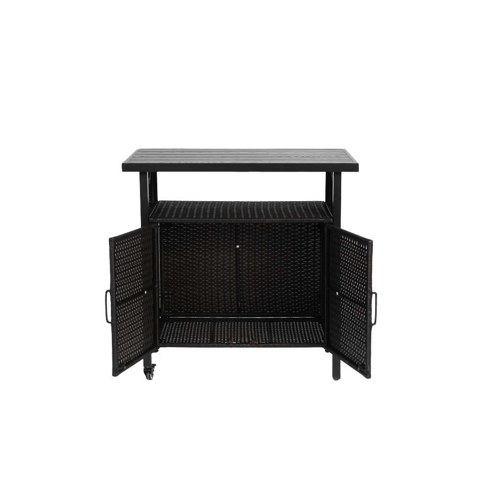 Outdoor Wicker Bar Cart, Patio Rolling Wine Serving Cart with Wheels - Black Steel Rattan Beverage Stand, Glass Top Mobile Kitchen Island for Garden, Pool, Party
