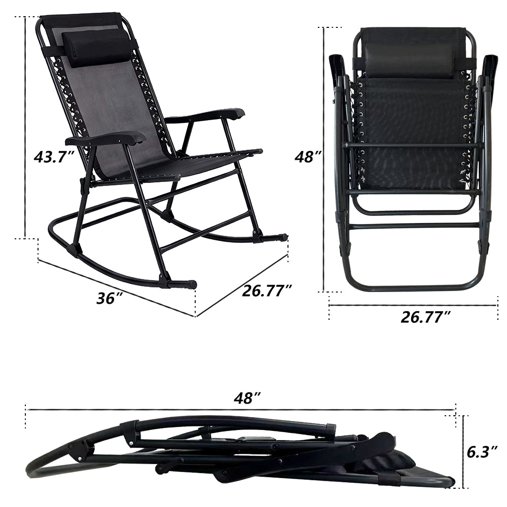 Patio Set of 2 Folding Leisure Rocking Chairs, Outdoor Rocking Chair Set No Assembly Required, Rust-Resistant Steel Frame with Breathable Mesh for Garden, Pool, Lawn, Camping (Black)