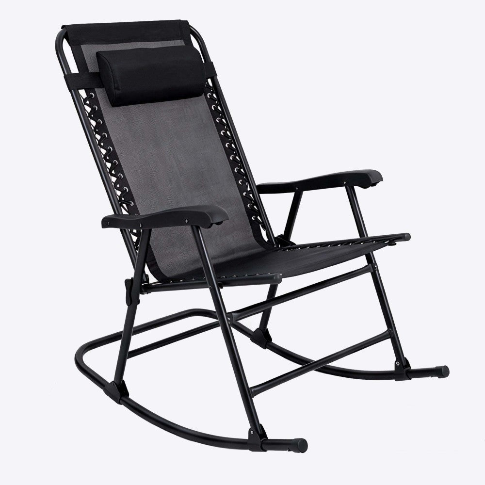Patio Set of 2 Folding Leisure Rocking Chairs, Outdoor Rocking Chair Set No Assembly Required, Rust-Resistant Steel Frame with Breathable Mesh for Garden, Pool, Lawn, Camping (Black)