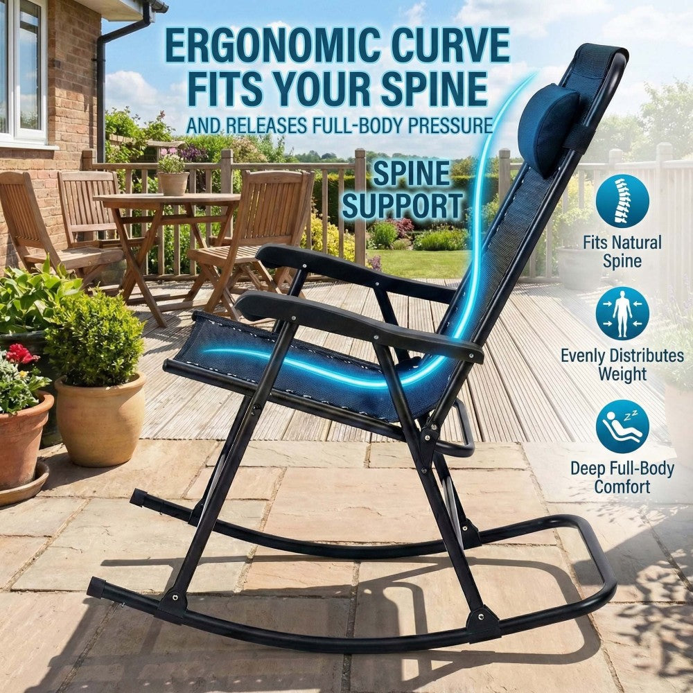 Patio Set of 2 Folding Leisure Rocking Chairs, Outdoor Rocking Chair Set No Assembly Required, Rust-Resistant Steel Frame with Breathable Mesh for Garden, Pool, Lawn, Camping (Black)