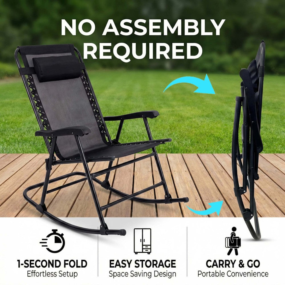Patio Set of 2 Folding Leisure Rocking Chairs, Outdoor Rocking Chair Set No Assembly Required, Rust-Resistant Steel Frame with Breathable Mesh for Garden, Pool, Lawn, Camping (Black)