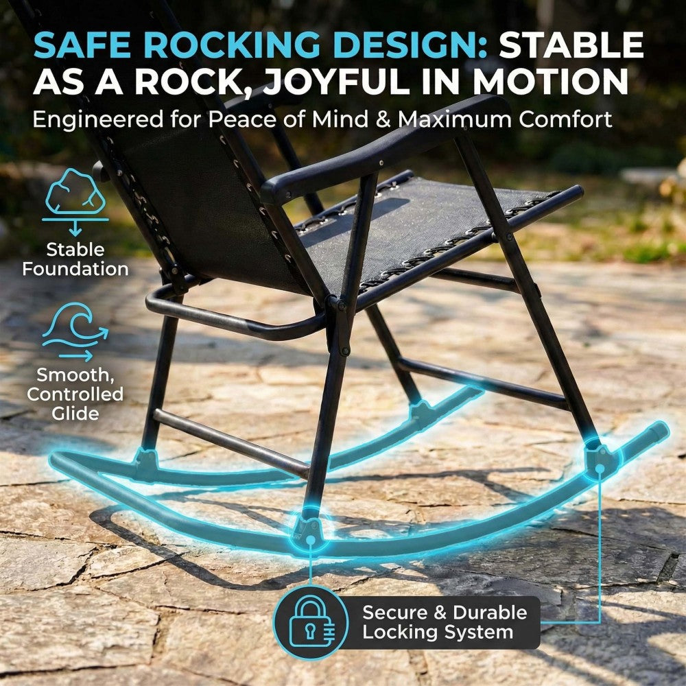 Patio Set of 2 Folding Leisure Rocking Chairs, Outdoor Rocking Chair Set No Assembly Required, Rust-Resistant Steel Frame with Breathable Mesh for Garden, Pool, Lawn, Camping (Black)