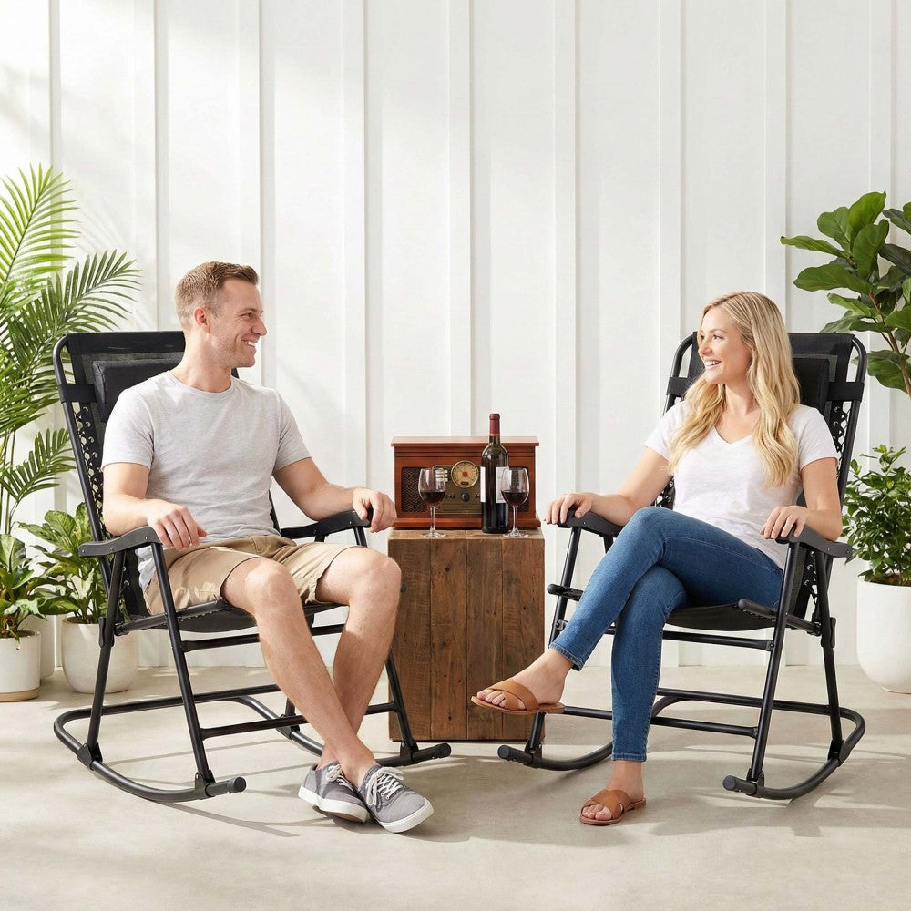 Patio Set of 2 Folding Leisure Rocking Chairs, Outdoor Rocking Chair Set No Assembly Required, Rust-Resistant Steel Frame with Breathable Mesh for Garden, Pool, Lawn, Camping (Black)
