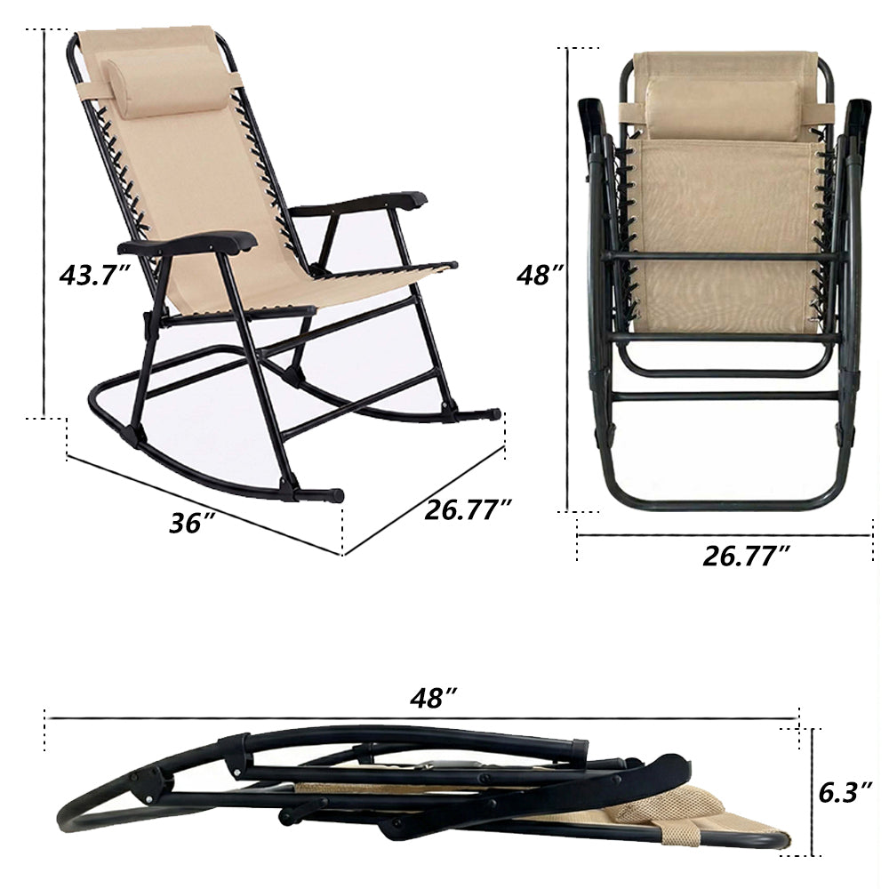 Folding Rocking Chair Set of 2, Outdoor Patio Rocking Chairs for Porch Lawn, Padded Headrest & Breathable Mesh, Rust-Resistant Steel Frame, Compact Foldable Lounge Seating, Khaki