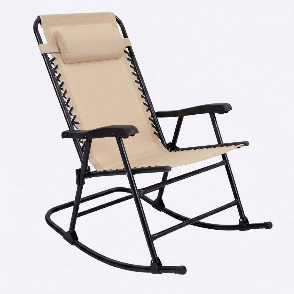 Folding Rocking Chair Set of 2, Outdoor Patio Rocking Chairs for Porch Lawn, Padded Headrest & Breathable Mesh, Rust-Resistant Steel Frame, Compact Foldable Lounge Seating, Khaki