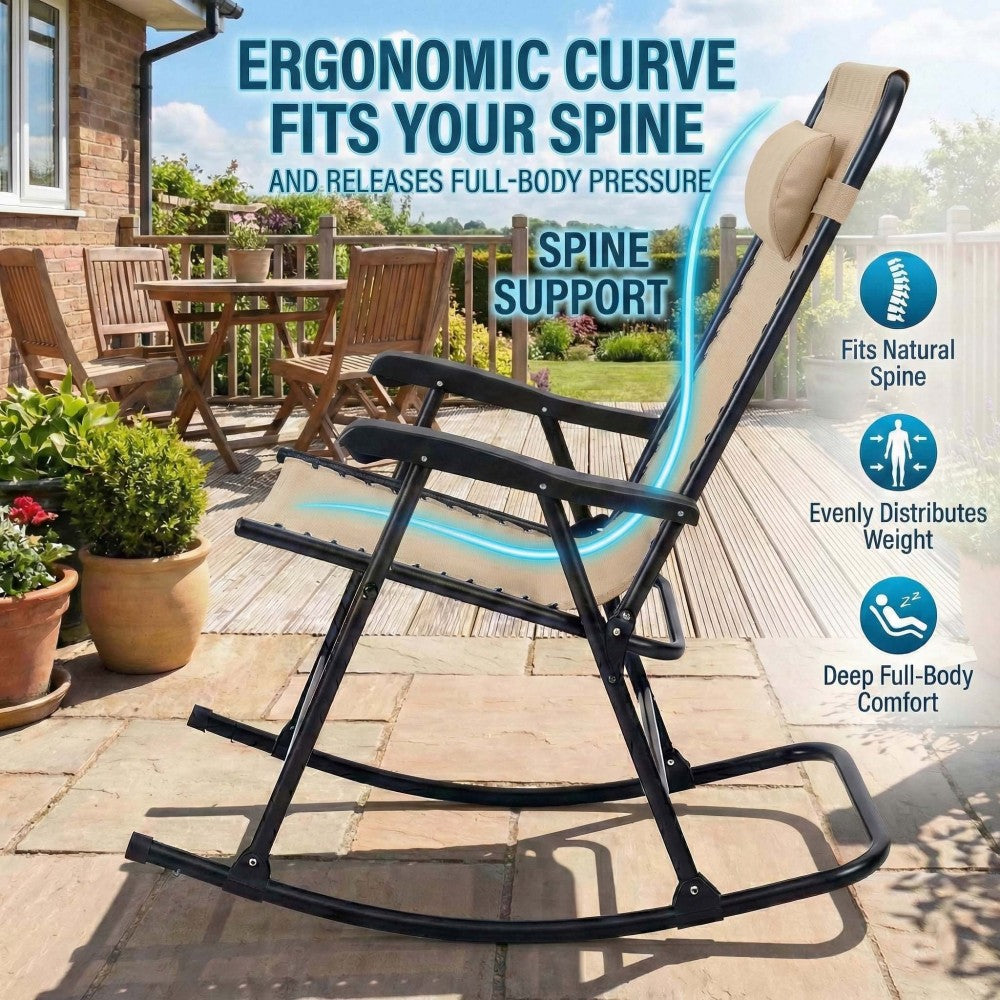Folding Rocking Chair Set of 2, Outdoor Patio Rocking Chairs for Porch Lawn, Padded Headrest & Breathable Mesh, Rust-Resistant Steel Frame, Compact Foldable Lounge Seating, Khaki