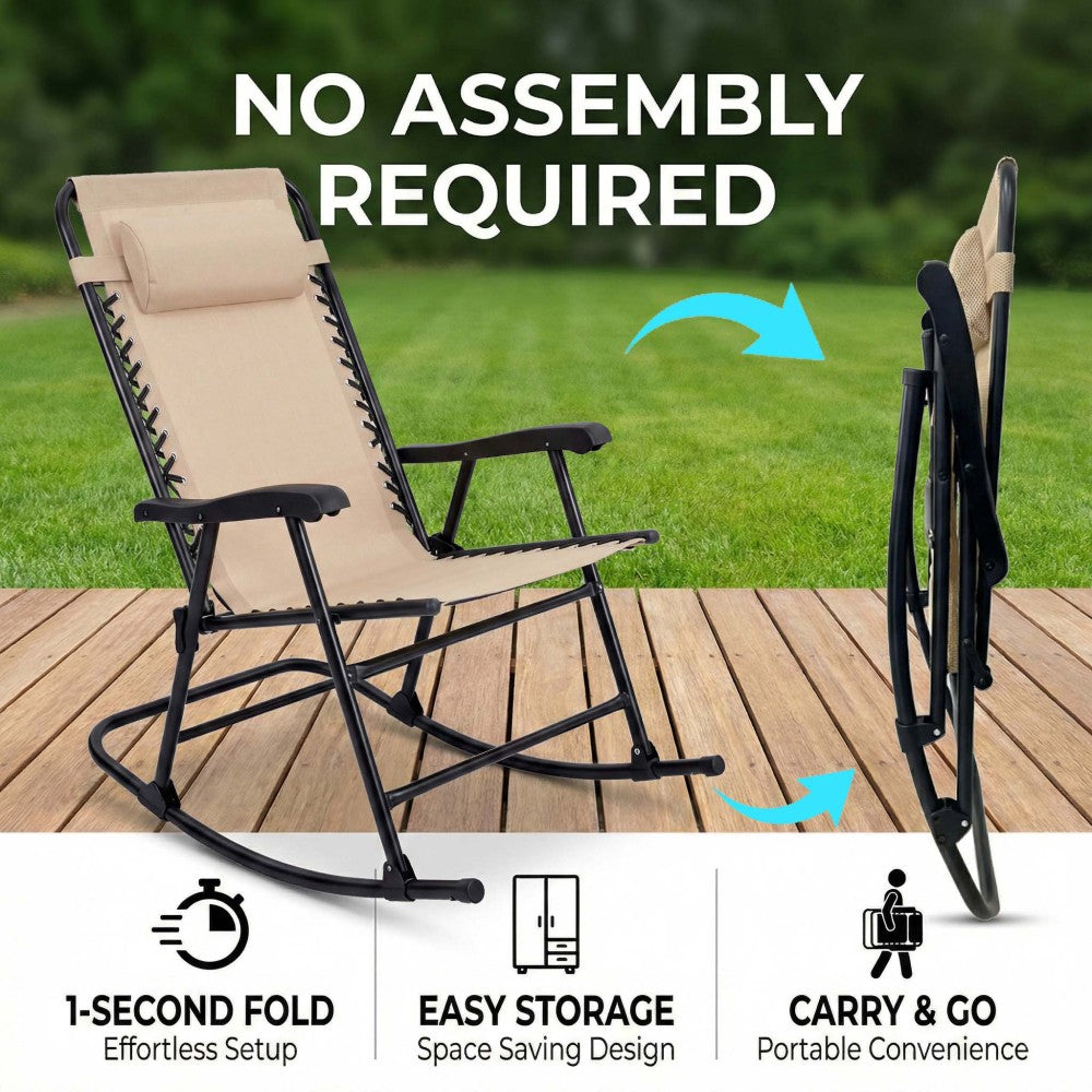 Folding Rocking Chair Set of 2, Outdoor Patio Rocking Chairs for Porch Lawn, Padded Headrest & Breathable Mesh, Rust-Resistant Steel Frame, Compact Foldable Lounge Seating, Khaki