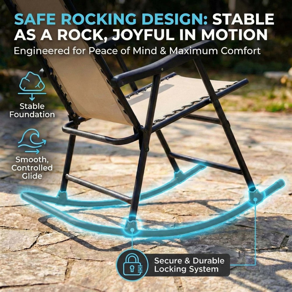 Folding Rocking Chair Set of 2, Outdoor Patio Rocking Chairs for Porch Lawn, Padded Headrest & Breathable Mesh, Rust-Resistant Steel Frame, Compact Foldable Lounge Seating, Khaki