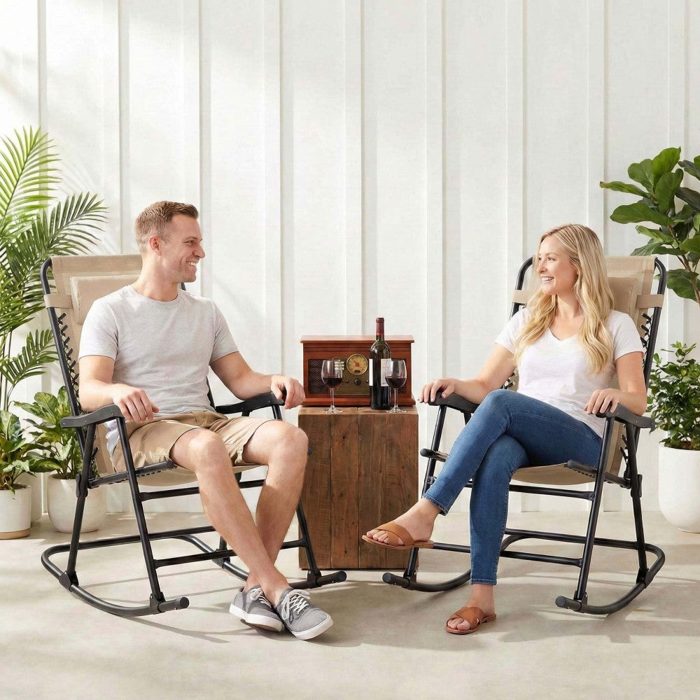 Folding Rocking Chair Set of 2, Outdoor Patio Rocking Chairs for Porch Lawn, Padded Headrest & Breathable Mesh, Rust-Resistant Steel Frame, Compact Foldable Lounge Seating, Khaki