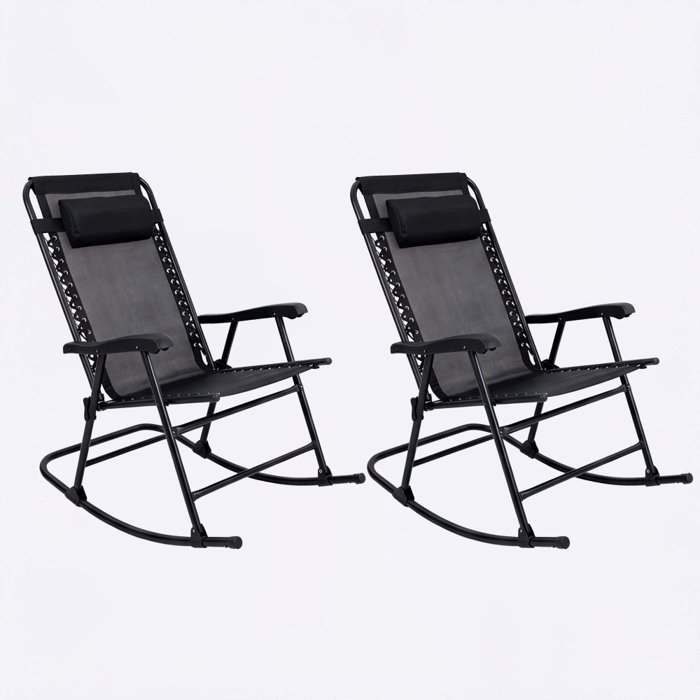 Patio Set of 2 Folding Leisure Rocking Chairs, Outdoor Rocking Chair Set No Assembly Required, Rust-Resistant Steel Frame with Breathable Mesh for Garden, Pool, Lawn, Camping (Black)