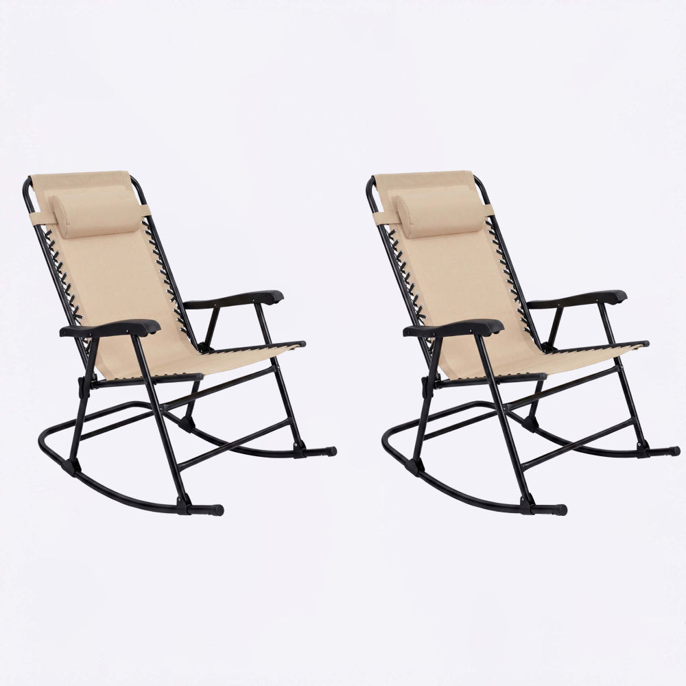 Folding Rocking Chair Set of 2, Outdoor Patio Rocking Chairs for Porch Lawn, Padded Headrest & Breathable Mesh, Rust-Resistant Steel Frame, Compact Foldable Lounge Seating, Khaki