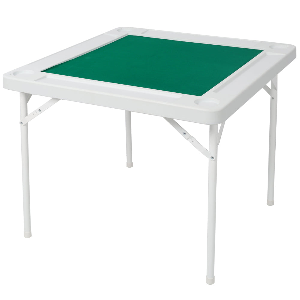 Square Folding Card Table 35" Mahjong Table with Green Felt, Chip Trays & Cup Holders - Portable Game Table for 4 Players for Poker, Dominoes - Durable White Frame
