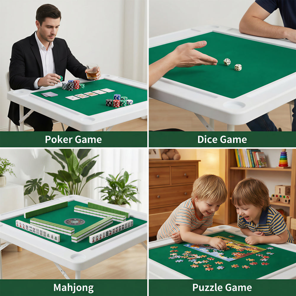 Square Folding Card Table 35" Mahjong Table with Green Felt, Chip Trays & Cup Holders - Portable Game Table for 4 Players for Poker, Dominoes - Durable White Frame