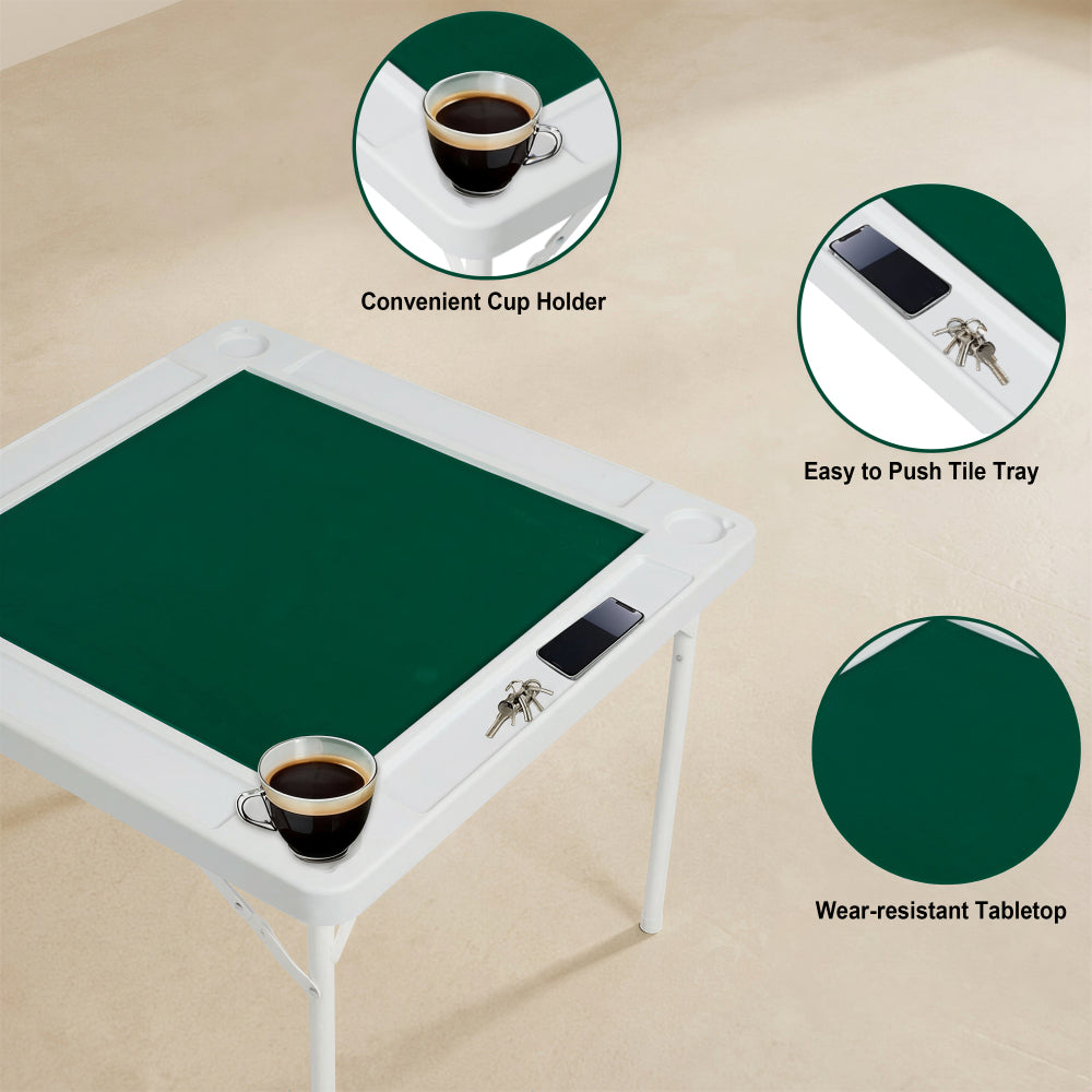 Square Folding Card Table 35" Mahjong Table with Green Felt, Chip Trays & Cup Holders - Portable Game Table for 4 Players for Poker, Dominoes - Durable White Frame